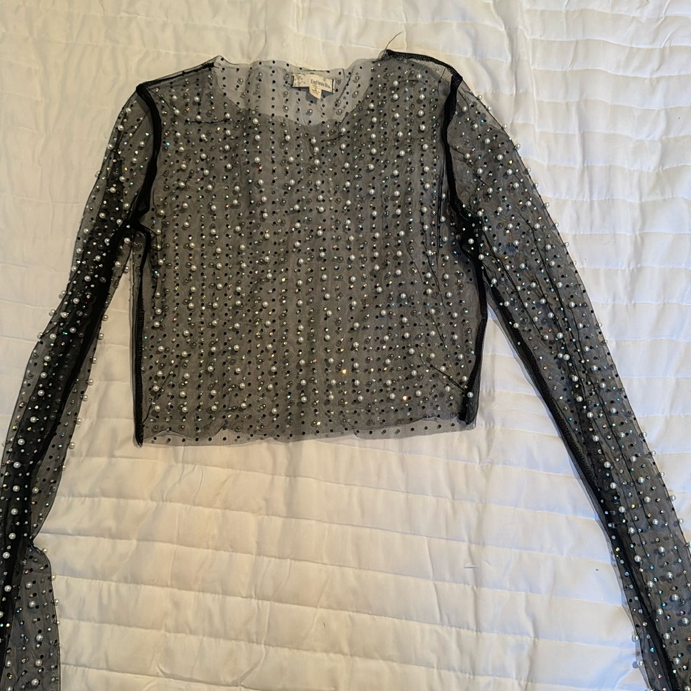 Black mesh top with diamonds and pearls